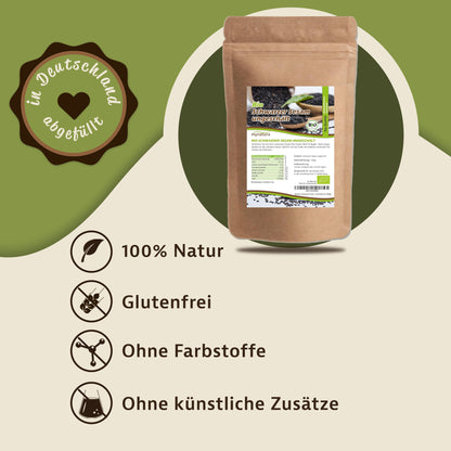 schwarzer Sesam kaufen im braunen Beutel von mynat, zentral auf grün-beigem Hintergrund mit Icons zu natürlichen Eigenschaften