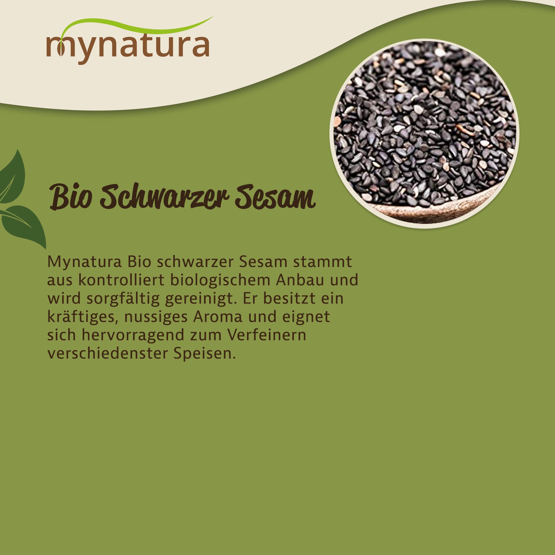 runde Nahaufnahme von aromatischen schwarzen Sesamsamen in einer Schale, daneben Text zu Herkunft und Verwendung