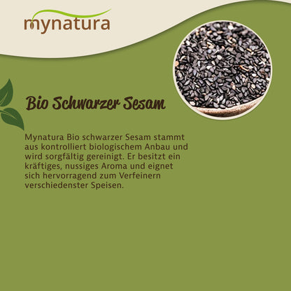 runde Nahaufnahme von aromatischen schwarzen Sesamsamen in einer Schale, daneben Text zu Herkunft und Verwendung