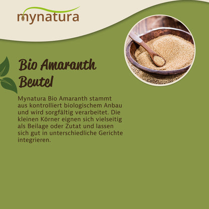 Textfeld mit Beschreibung zu Bio Amaranth Beutel, oben rechts eine Schale mit Amaranth, kein Artischockenextrakt oder Pulver sichtbar.