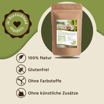 Bio Shatavari Pulver Beutel von Mynatura, 250g, auf grünem Hintergrund mit Symbolen für 100% Natur, glutenfrei, ohne Farbstoffe und Zusätze