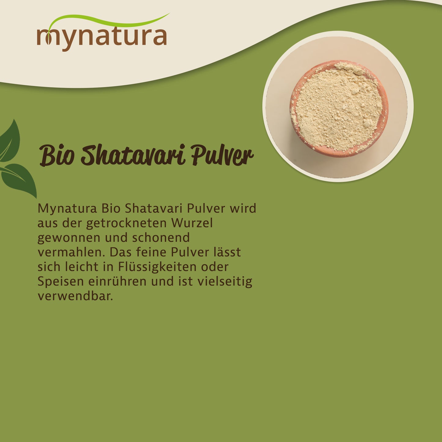 Schale mit feinem Shatavari Pulver von Mynatura, daneben Text zur Herkunft des pflanzlichen Pulvers aus indischem Spargel