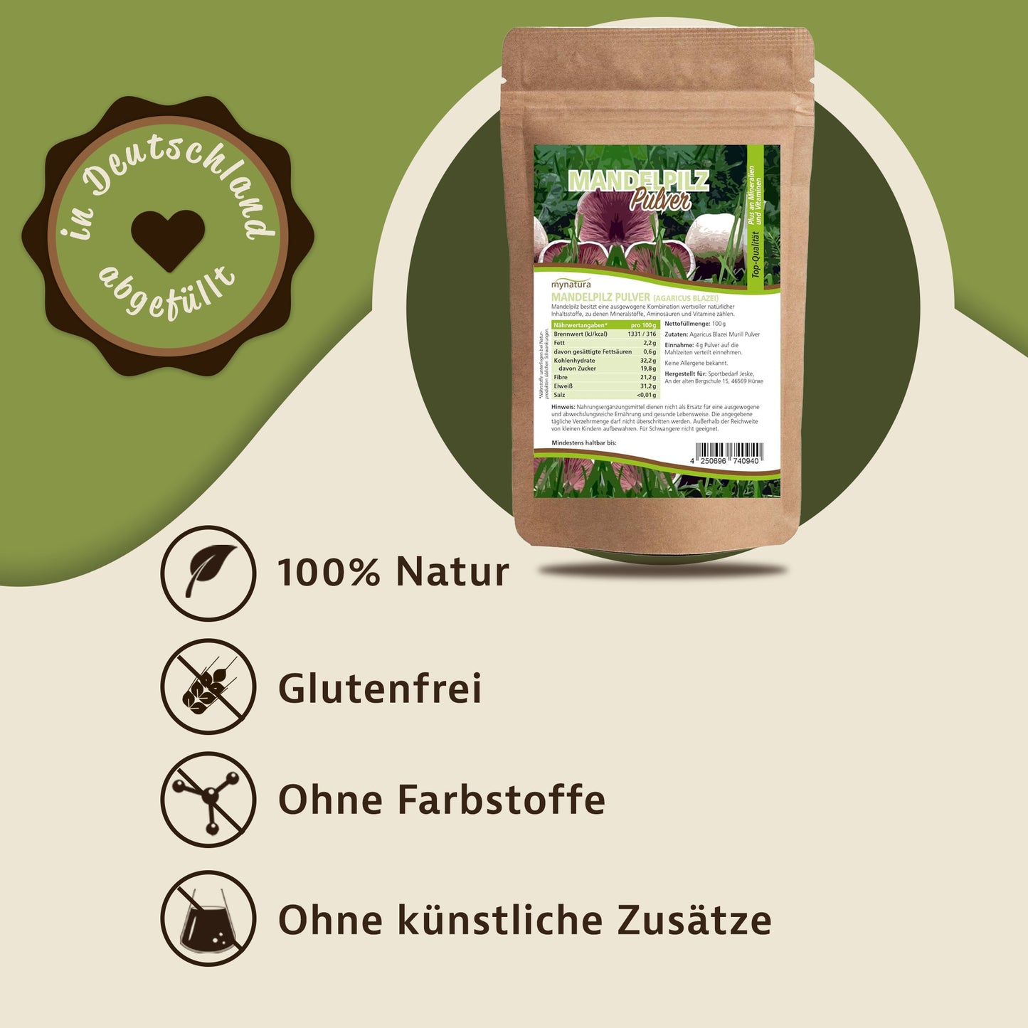 mandelpilzpulver Beutel von Mynatura auf grün-beigem Hintergrund mit Symbolen für Natur, glutenfrei, ohne Farbstoffe und ohne künstliche Zusätze