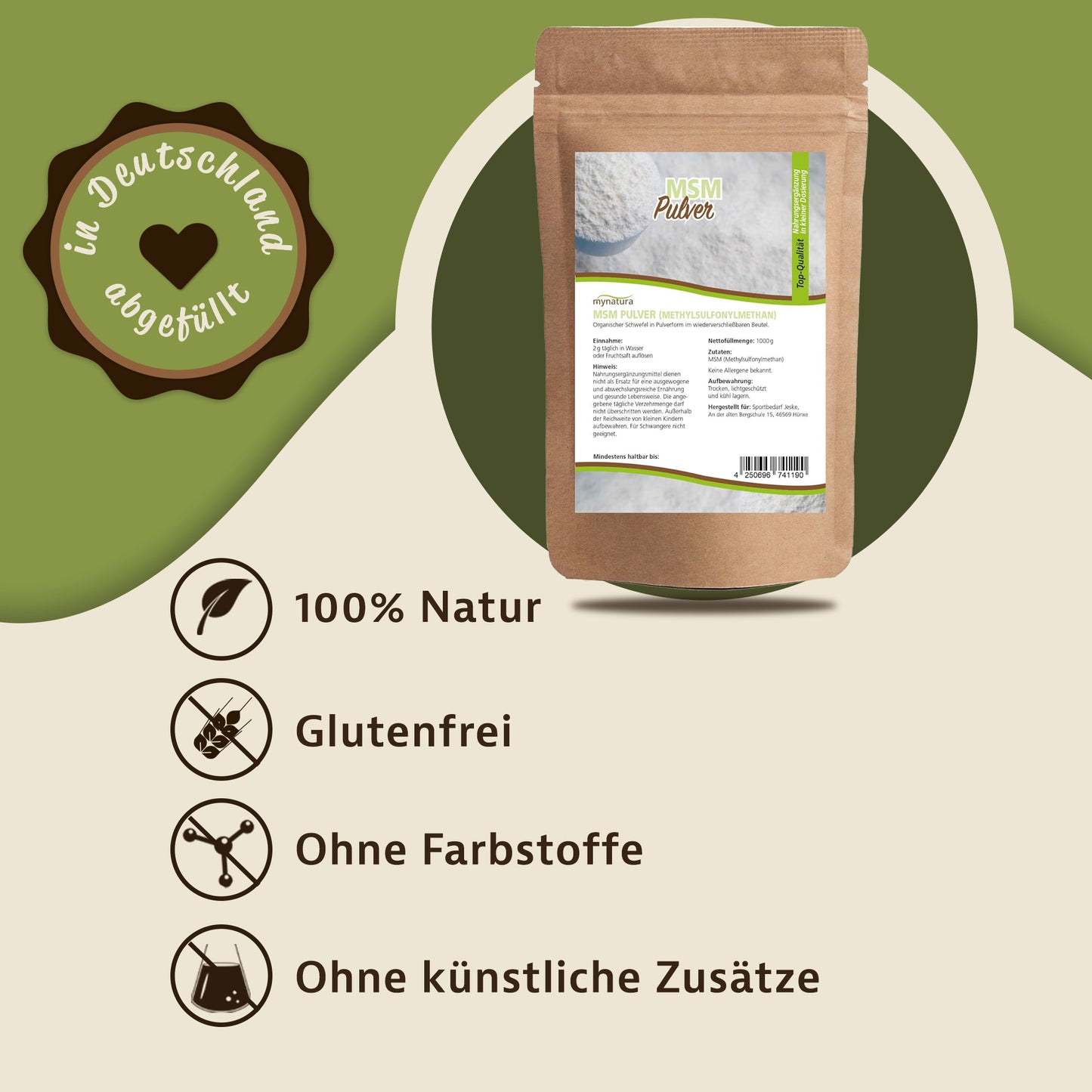 MSM Pulver Beutel von Mynatura auf grün-beigem Hintergrund, daneben Symbole für Mineralien, glutenfrei, ohne Farbstoffe und Zusätze.