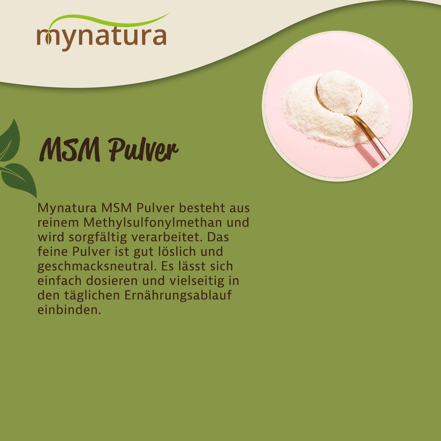 Löffel mit feinem MSM Pulver auf rosa Untergrund, daneben Text zu hochreinem Methylsulfonylmethan als Schwefelquelle.