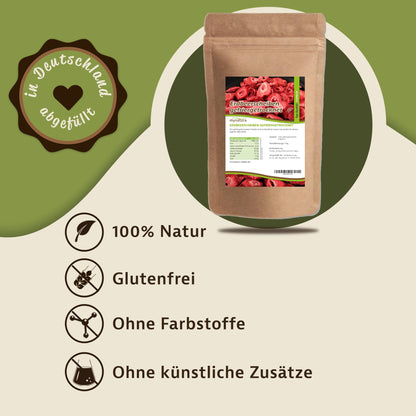 Gefriergetrocknete Erdbeerscheiben im 350g Beutel von Mynatura, dargestellt auf grün-beigem Hintergrund mit Icons zu Frühstück, Snacks und natürlichen Zutaten.
