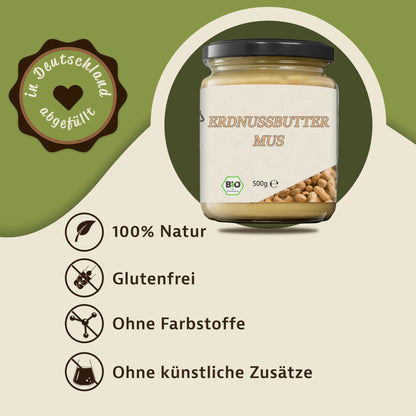 Erdnussbuttermus im Glas als vielseitige Zutat, abgebildet auf grünem Hintergrund mit Symbolen für natürliche Eigenschaften.