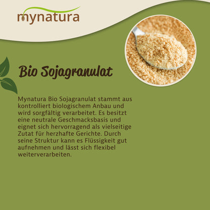 Löffel mit Bio Sojagranulat von mynatura, Granulat in Nahaufnahme, daneben Text zur Herkunft und Verwendung als vielseitige Zutaten fürs Kochen.