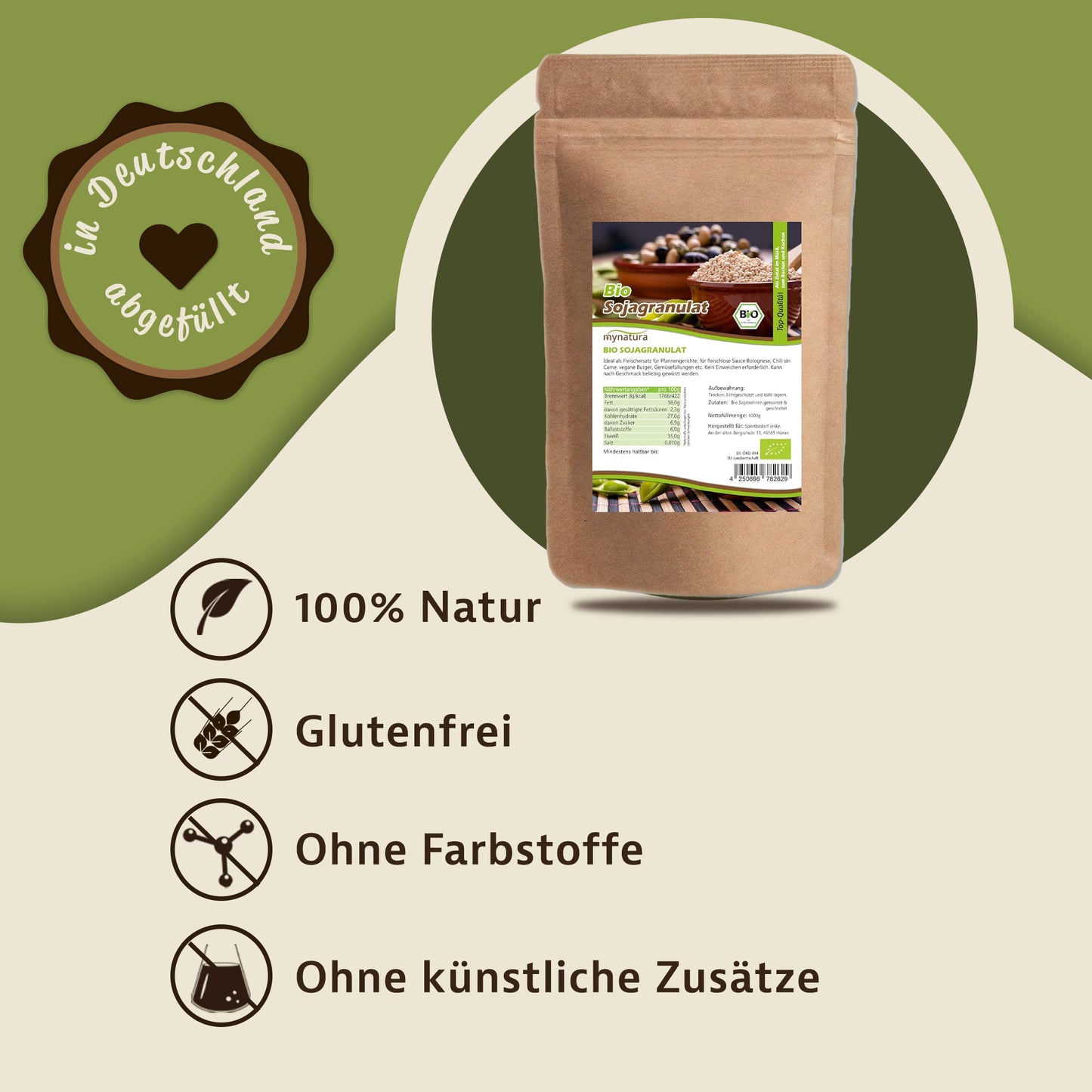Bio Sojagranulat Beutel von mynatura auf grünem Hintergrund, daneben Symbole für 100% Natur, glutenfrei, ohne Farbstoffe und ohne künstliche Zusätze.