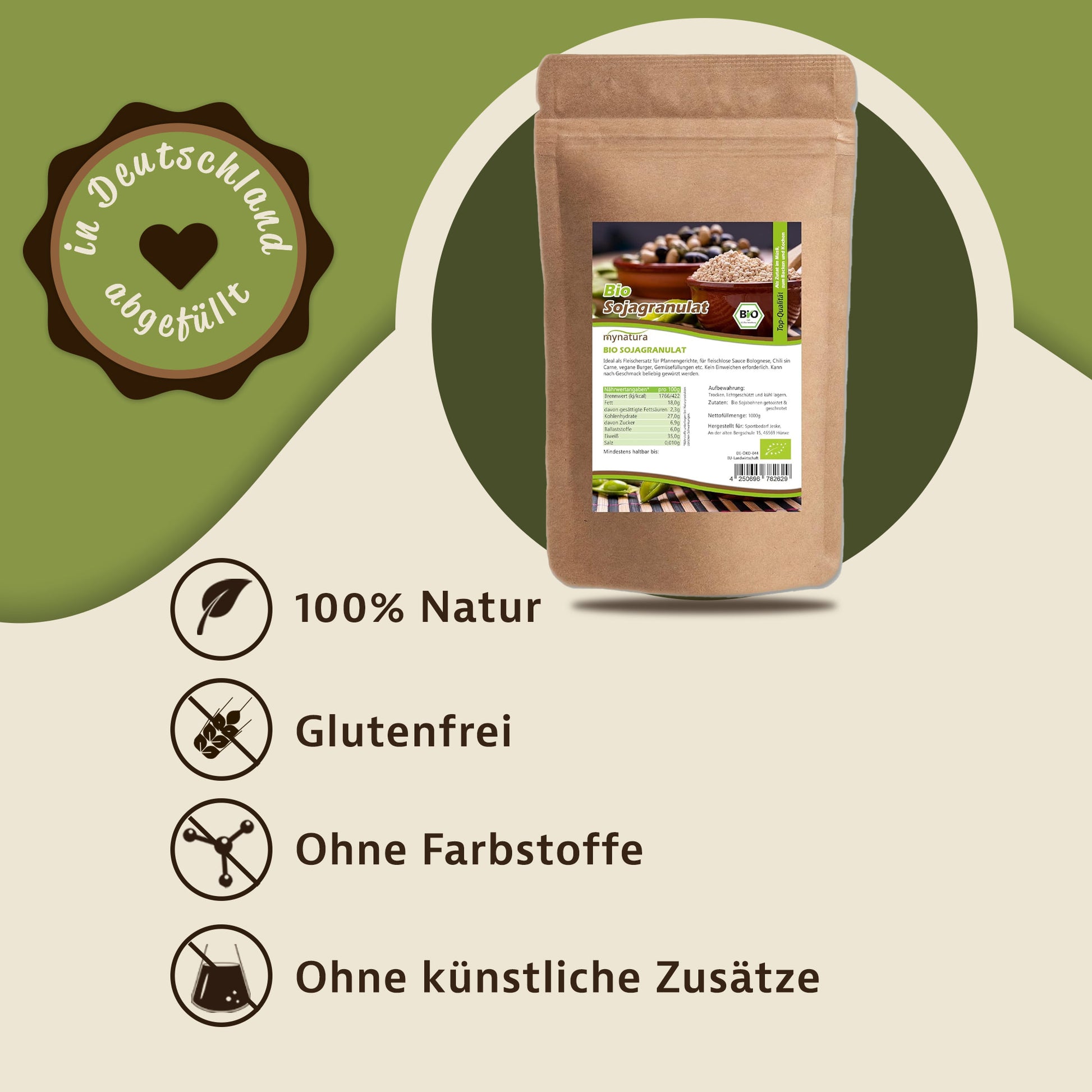 Bio Sojagranulat Beutel von mynatura auf grünem Hintergrund, daneben Symbole für 100% Natur, glutenfrei, ohne Farbstoffe und ohne künstliche Zusätze.