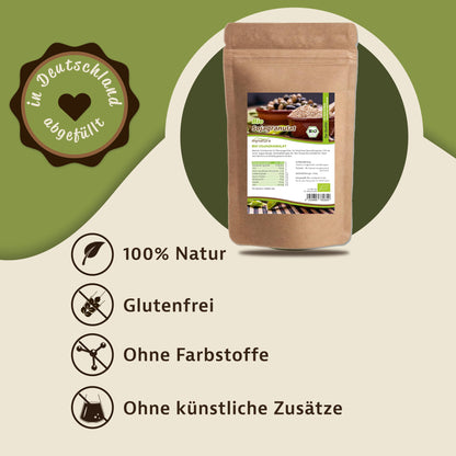 Bio Sojagranulat Beutel von mynatura auf grünem Hintergrund, daneben Symbole für 100% Natur, glutenfrei, ohne Farbstoffe und ohne künstliche Zusätze.