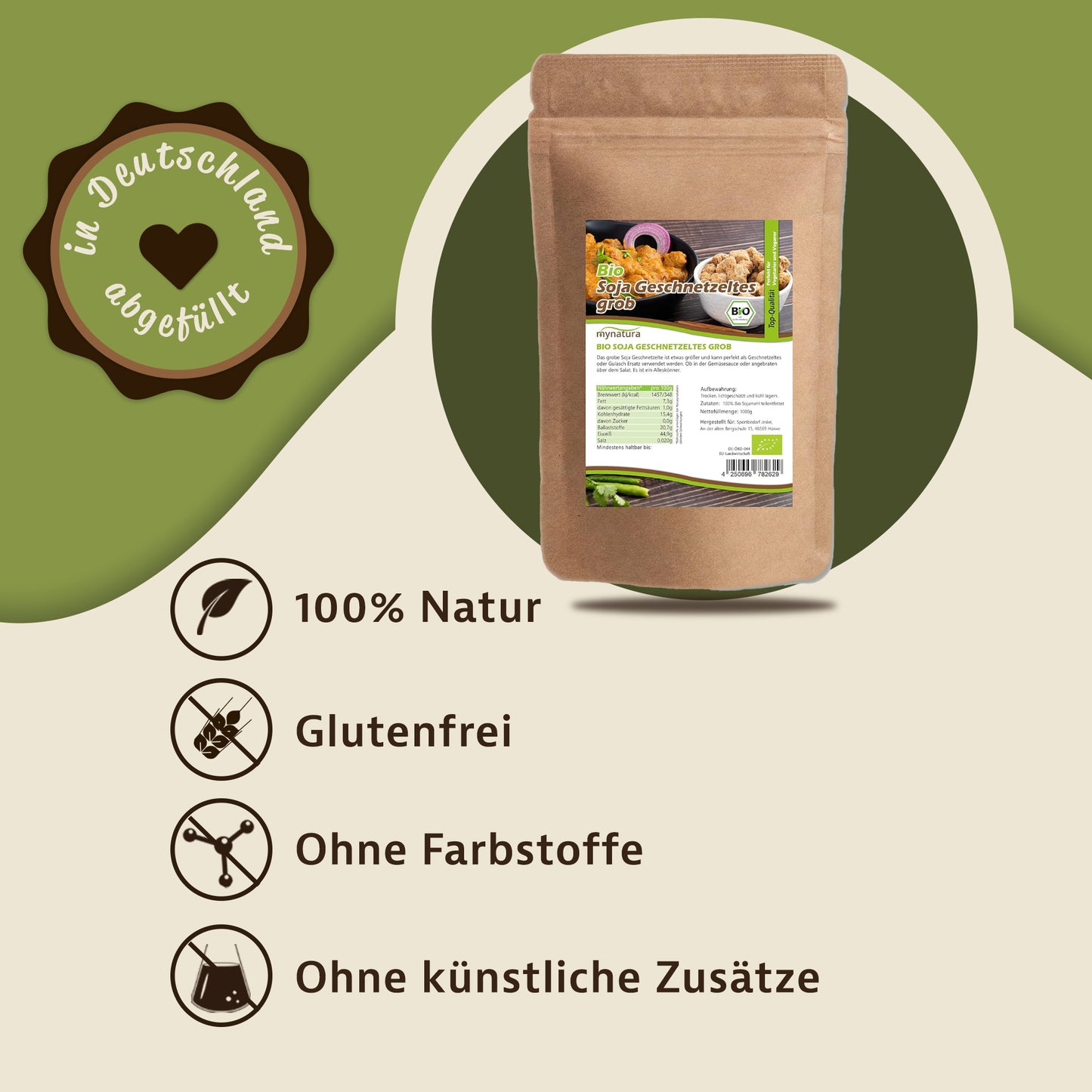 Mynatura Bio Soja Geschnetzeltes grob Beutel auf grafischem Hintergrund mit Icons zu vegan, glutenfrei und ohne Zusätze.