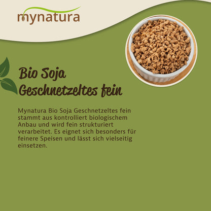 Schale mit feinem Sojagranulat von Mynatura als Zutat fürs Kochen oder Backen, oben rechts auf grünem Hintergrund platziert.