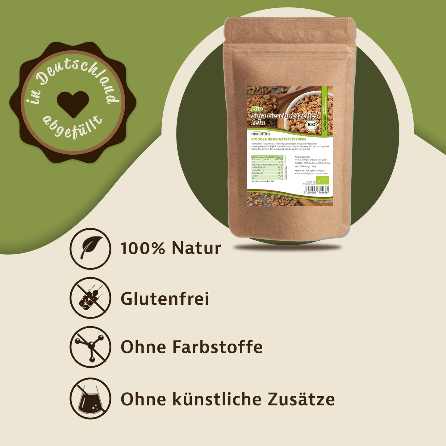 Mynatura Bio Soja Geschnetzeltes fein Beutel auf grünem Hintergrund mit Icons für vegan, glutenfrei und ohne künstliche Zusätze.