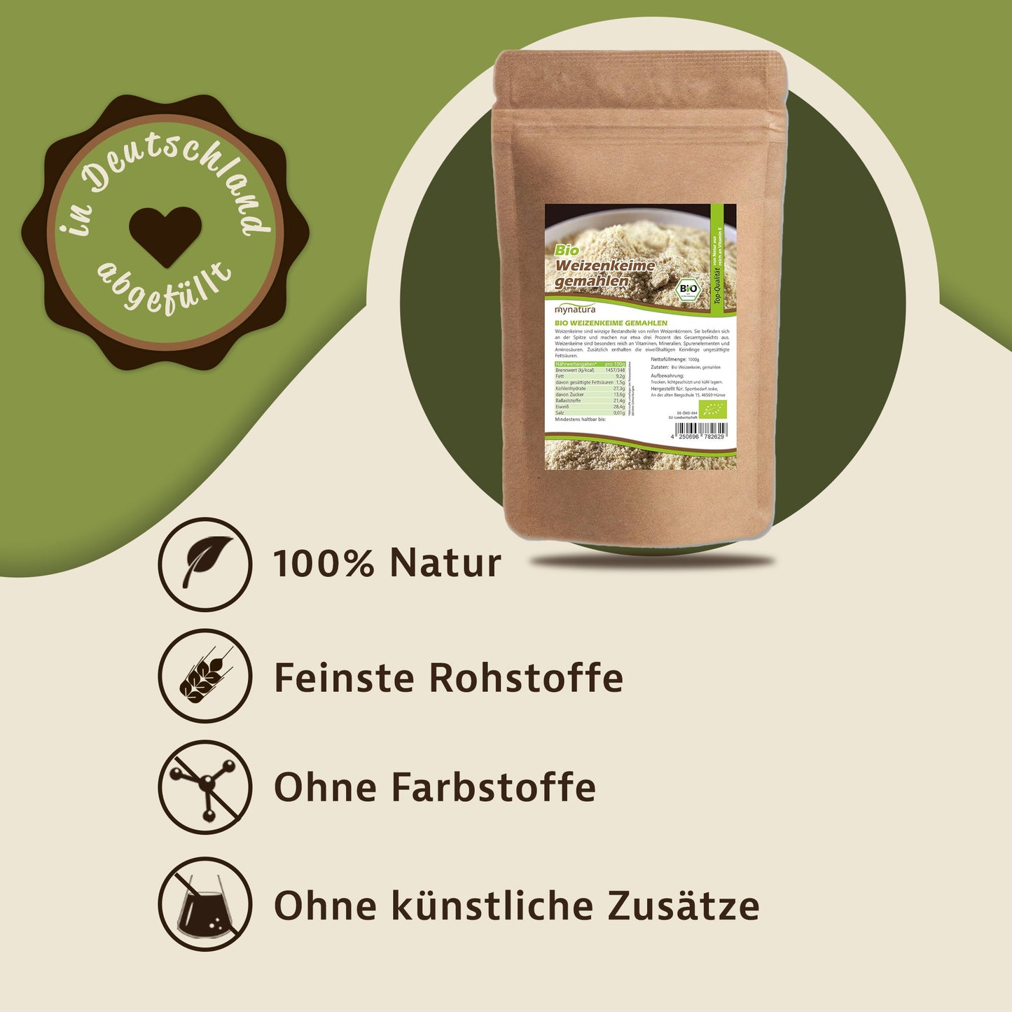 Beutel Mynatura Bio Weizenkeime gemahlen auf grünem Hintergrund, daneben Icons und Hinweise zu natürlichen Zutaten fürs Backen und Kochen.