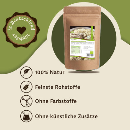 Beutel Mynatura Bio Weizenkeime gemahlen auf grünem Hintergrund, daneben Icons und Hinweise zu natürlichen Zutaten fürs Backen und Kochen.