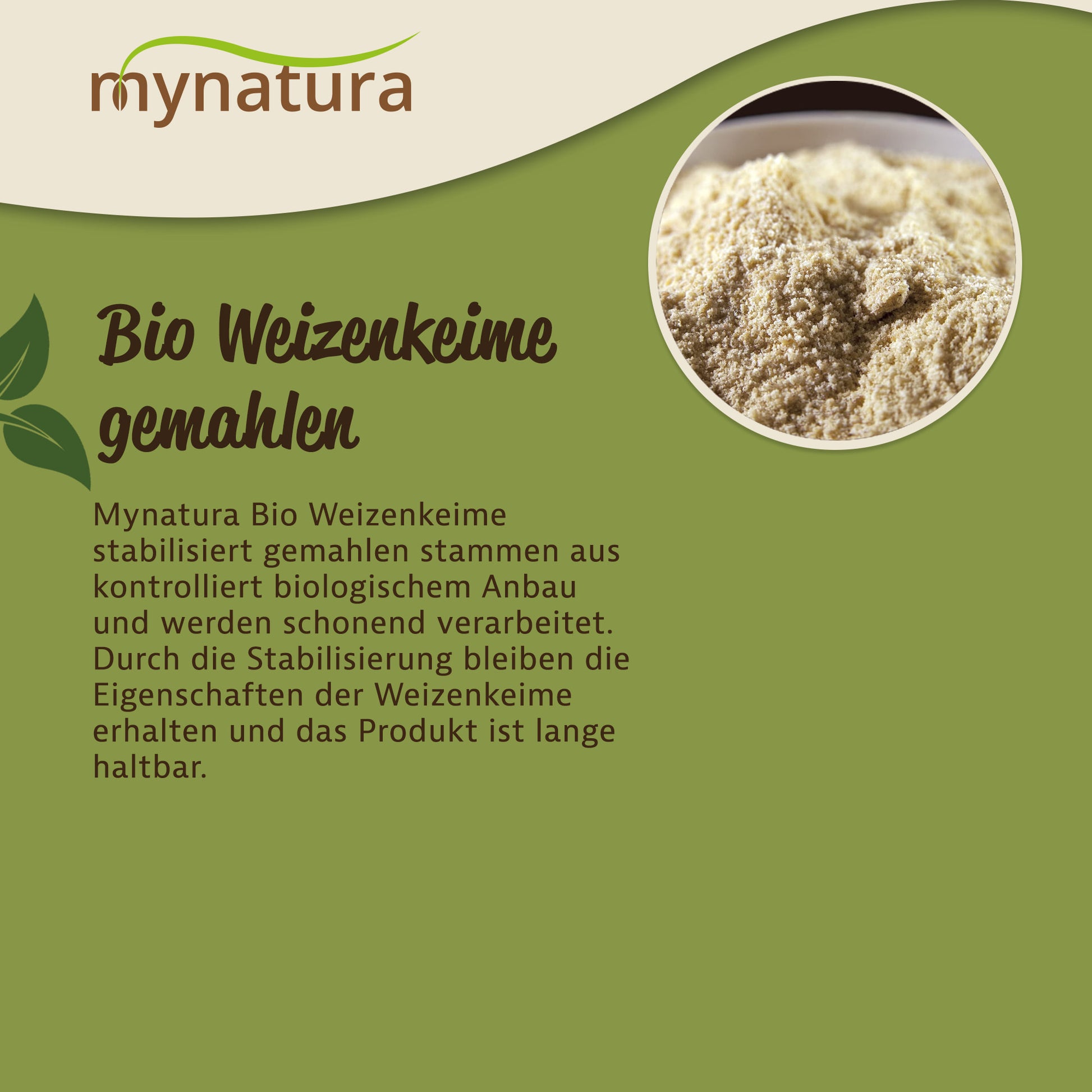 Nahaufnahme von gemahlenen Weizenkeimen als Zutat fürs Müsli, oben rechts rundes Produktbild, daneben Text zur Herstellung.