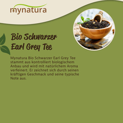 Runde Holzschale mit Earl Grey Schwarztee und Bergamotte auf Holztisch, daneben Text zur klassischen Aromamischung und Herkunft des Schwarztees.