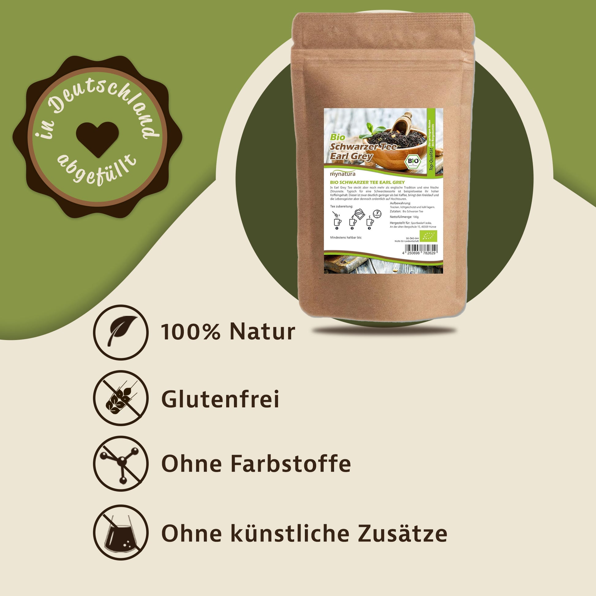 Earl Grey Schwarztee Beutel auf grün-beigem Hintergrund, daneben Symbole und Hinweise zu 100% Natur, glutenfrei, ohne Farbstoffe und ohne künstliche Zusätze.