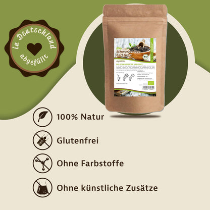 Earl Grey Schwarztee Beutel auf grün-beigem Hintergrund, daneben Symbole und Hinweise zu 100% Natur, glutenfrei, ohne Farbstoffe und ohne künstliche Zusätze.