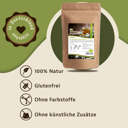 Verpackung Mynatura Bio Schwarzer Darjeeling Tee 100g vor grünem Hintergrund mit Symbolen für natürliche und glutenfreie Kräuter & Tee.