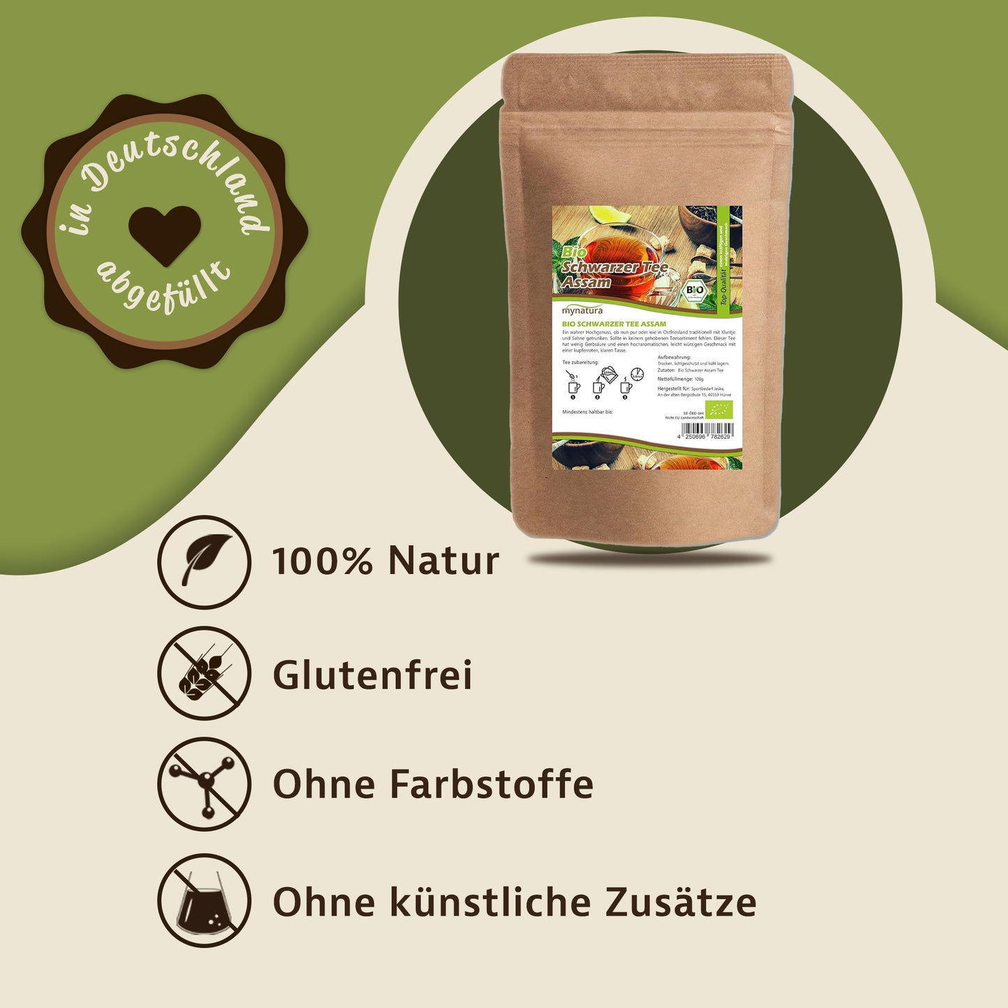 Verpackter Assam Schwarztee von mynat, 100g, auf grünem Hintergrund mit Symbolen für natürliche Zutaten, glutenfrei, ohne Farbstoffe und Zusätze.