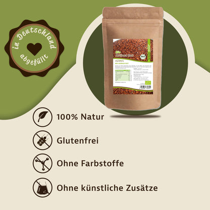 Rotes Bio Quinoa im Beutel, mittig auf beigefarbenem Hintergrund, daneben Piktogramme zu glutenfreiem Superfood und ohne künstliche Zusätze.