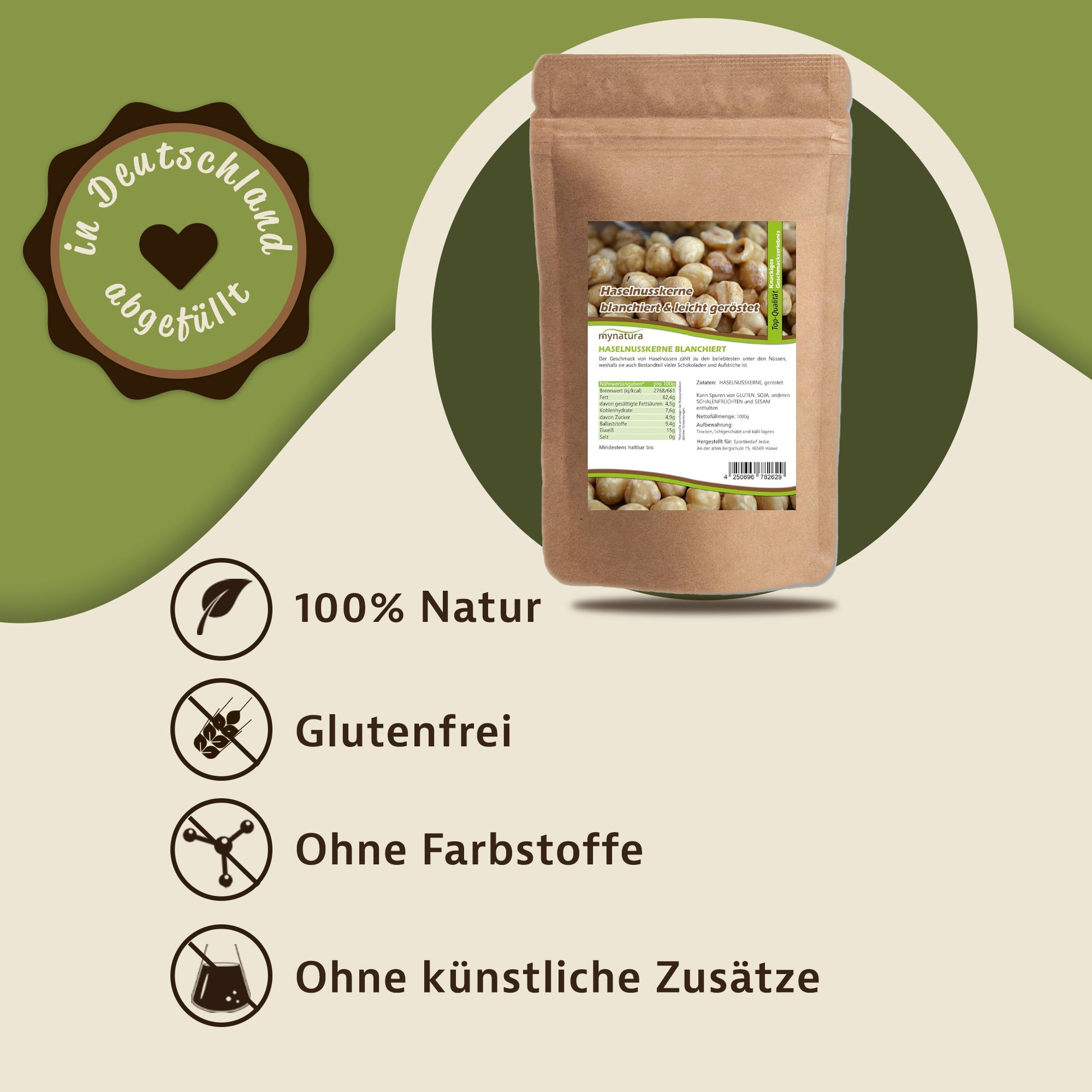 Haselnusskerne blanchiert im Beutel als Produktabbildung auf grünem Hintergrund mit Icons für natürliche Nüsse, glutenfreie Snacks und ohne Zusatzstoffe.