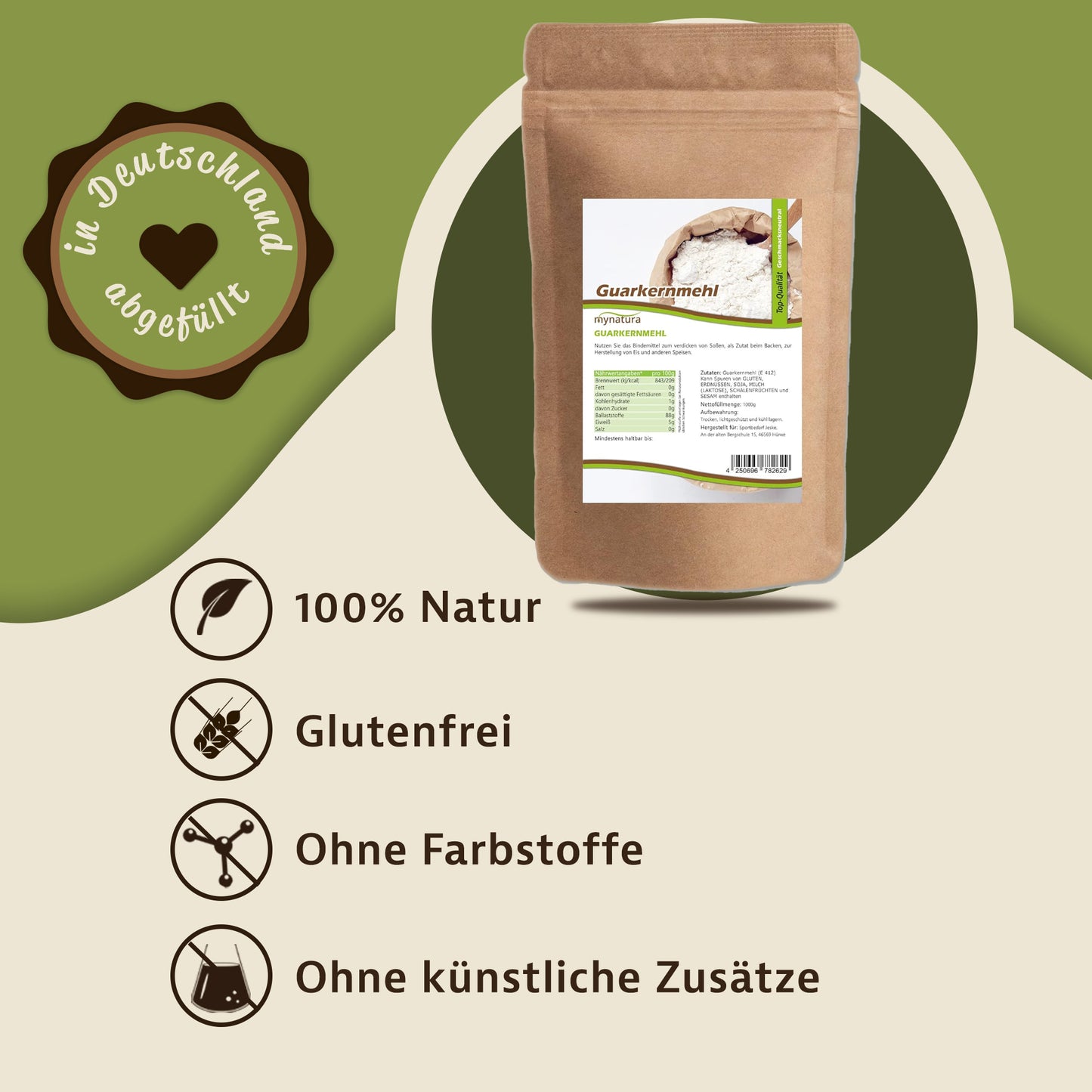 Guarkernmehl von Mynatura im braunen Standbeutel mit Etikett, daneben Symbole und Hinweise zu natürlichen Eigenschaften des Produkts.