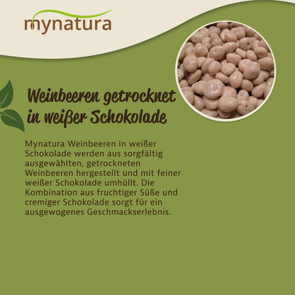 Nahaufnahme getrocknete weinbeeren umhüllt von weißer schokolade, daneben Infotext zu früchte und cremig-fruchtiger snack.