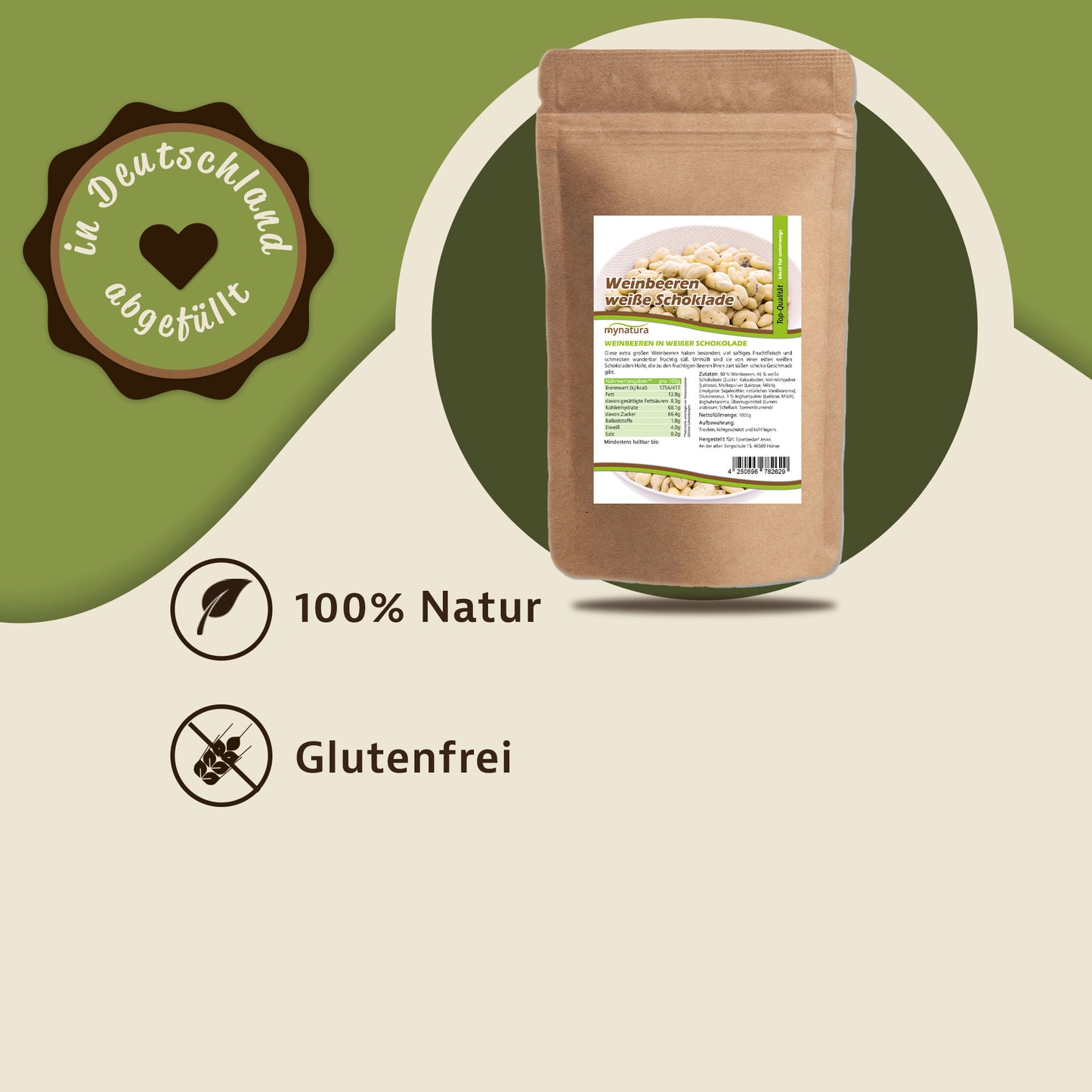 Produktbeutel weinbeeren mit weißer schokolade von Mynatura auf grünem Hintergrund mit Siegel und Icons für 100% Natur und glutenfrei.