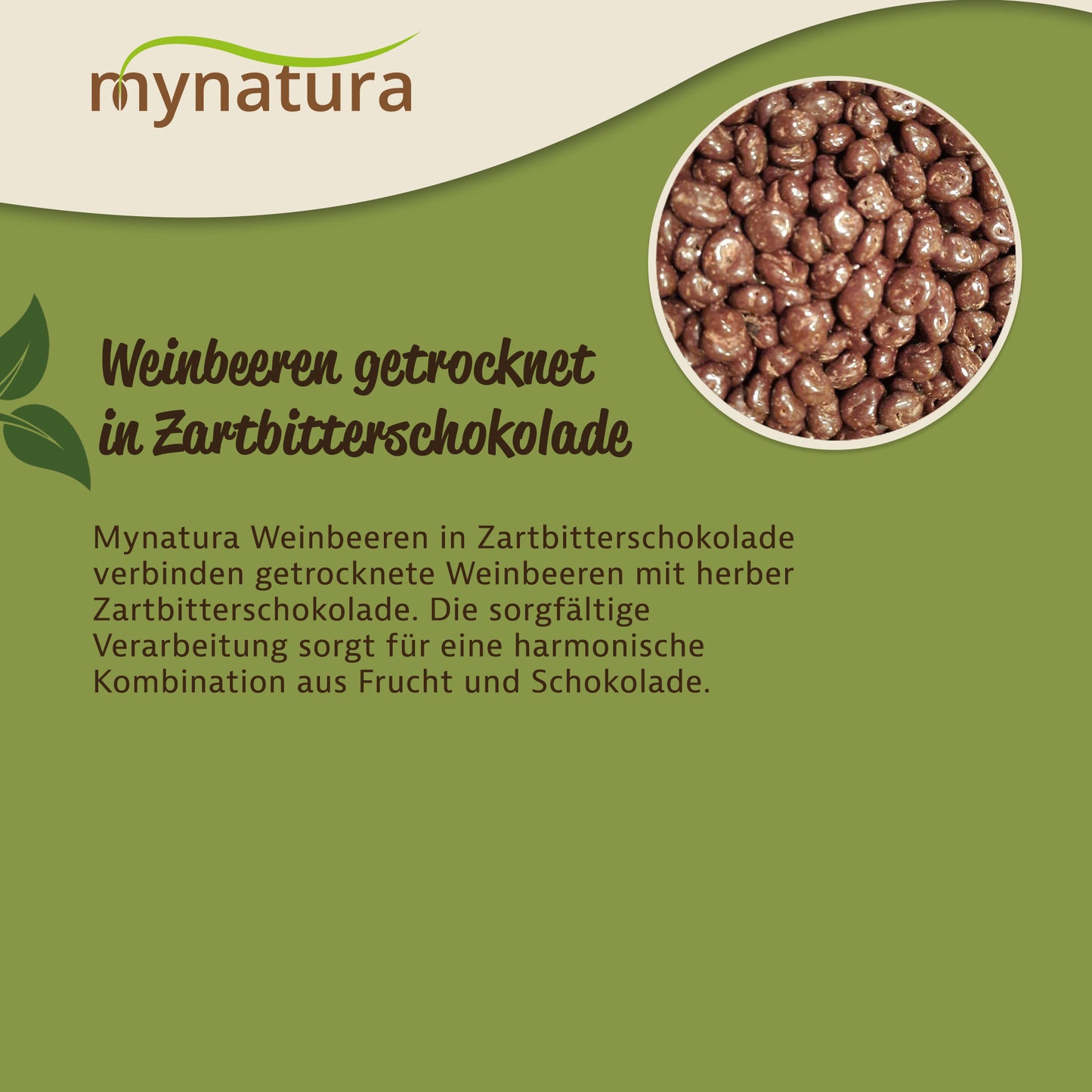 Nahaufnahme von schokolierten Weinbeeren in Zartbitterschokolade im runden Ausschnitt, daneben Text zur Kombination aus Früchten und Schoko.