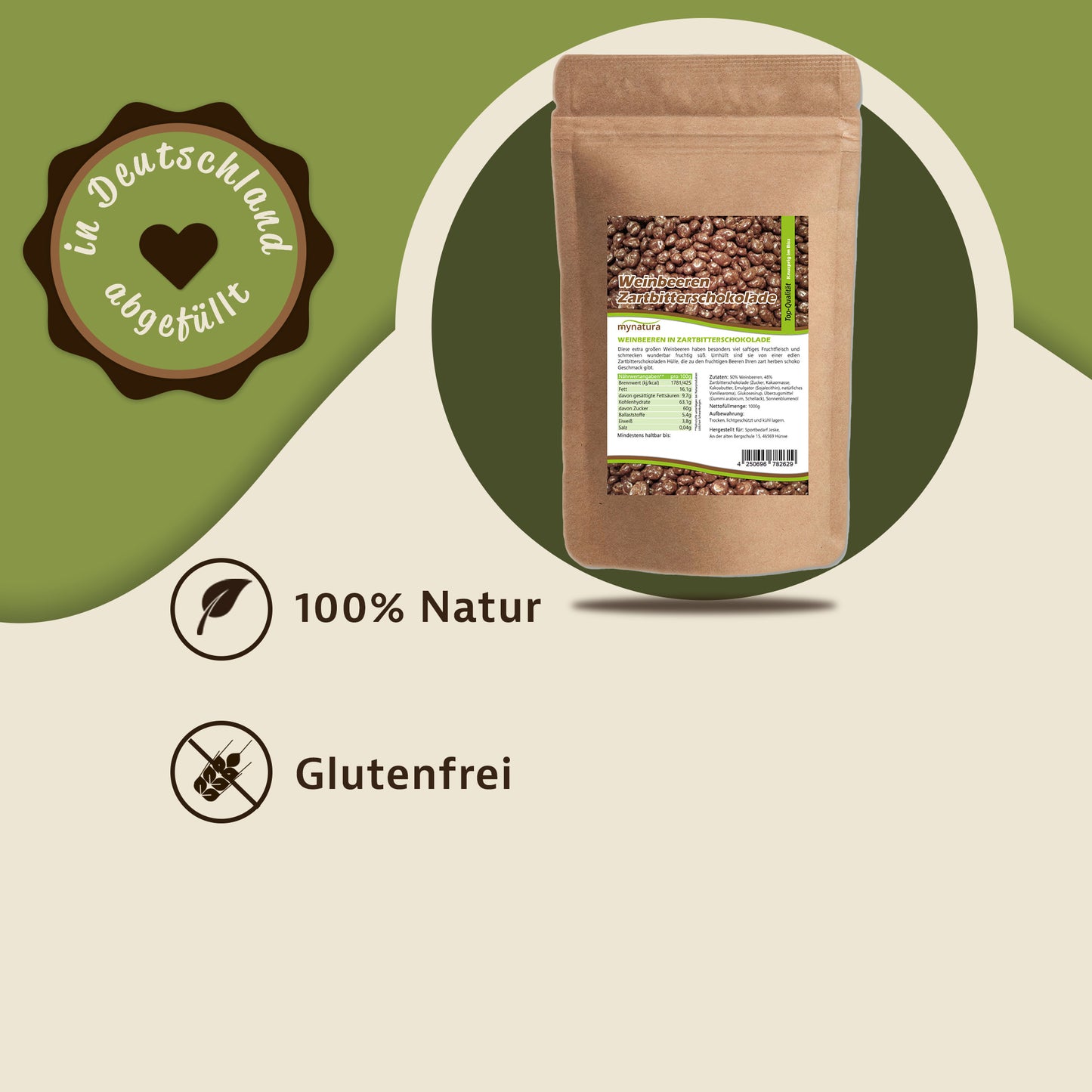 Weinbeeren in Zartbitterschokolade von Mynatura im braunen Beutel, daneben Siegel mit Hinweis auf Abfüllung in Deutschland und Symbole für 100% Natur und glutenfrei.