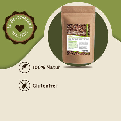 Weinbeeren in Zartbitterschokolade von Mynatura im braunen Beutel, daneben Siegel mit Hinweis auf Abfüllung in Deutschland und Symbole für 100% Natur und glutenfrei.
