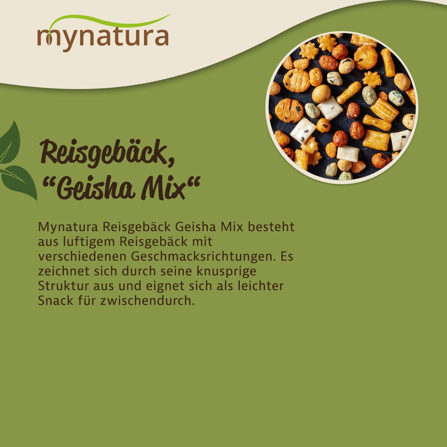 Verschiedene Stücke Reisgebäck Superior Mix als snacks in Nahaufnahme auf dunklem Untergrund, oben Text zur Produktbeschreibung.
