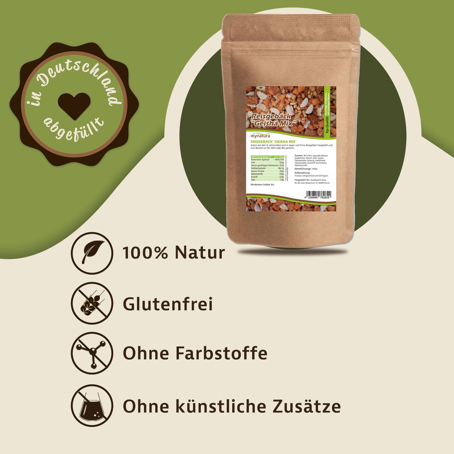 Reisgebäck Superior Mix 750g Beutel von mynatura auf grünem Hintergrund, daneben Symbole für vegan, glutenfrei und ohne Zusatzstoffe.