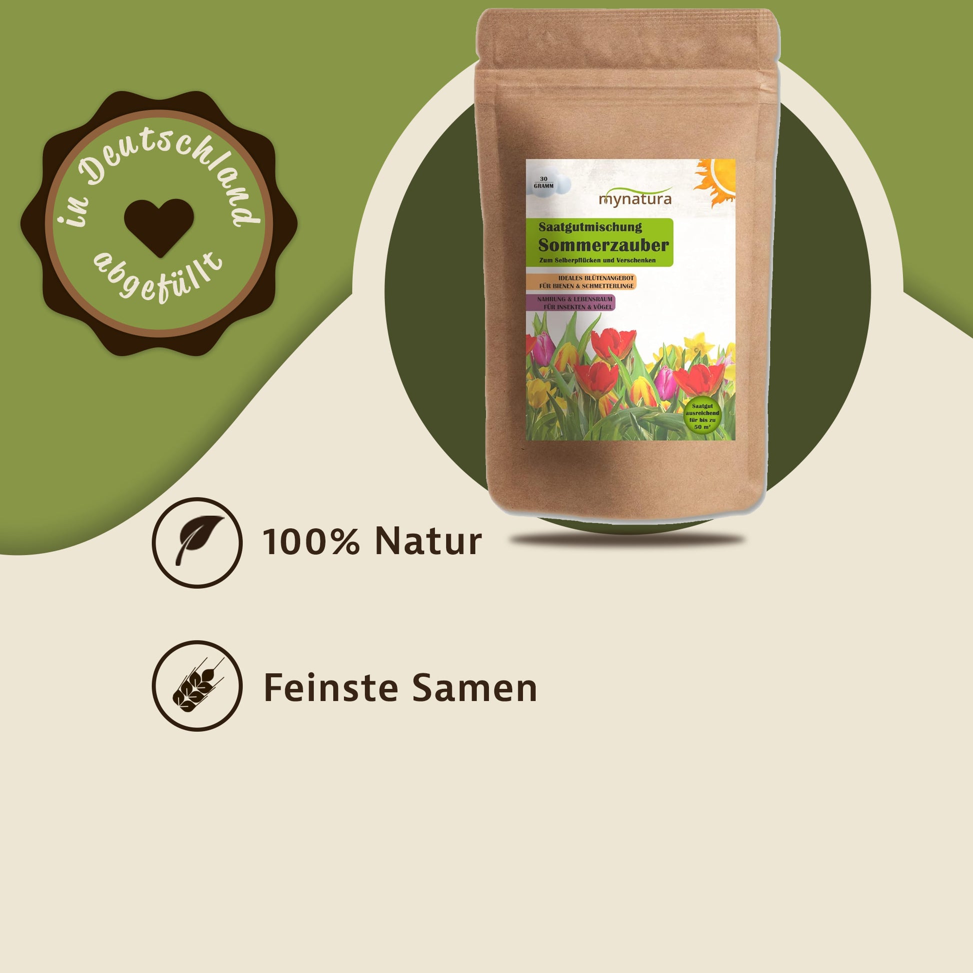 Beutel sommerzauber Blühwiese von mynatura auf grün-beigem Hintergrund, daneben Icons für 100% Natur und feinste Blumensamen.