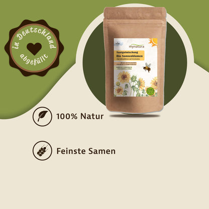 Mynatura Bio Sonnenblumen Saatgutmischung auf grün-beigem Hintergrund mit Siegel 'in Deutschland abgefüllt' und Symbolen für 100% Natur und feine Blumensamen.