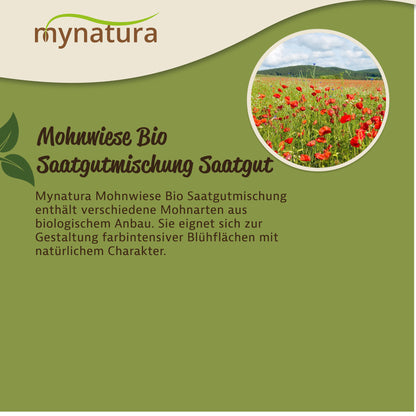Blühende Mohnwiese als Beispiel für eine farbintensive Wiesenfläche, oben rechts rundes Foto, daneben Text zur Bio Saatgutmischung.