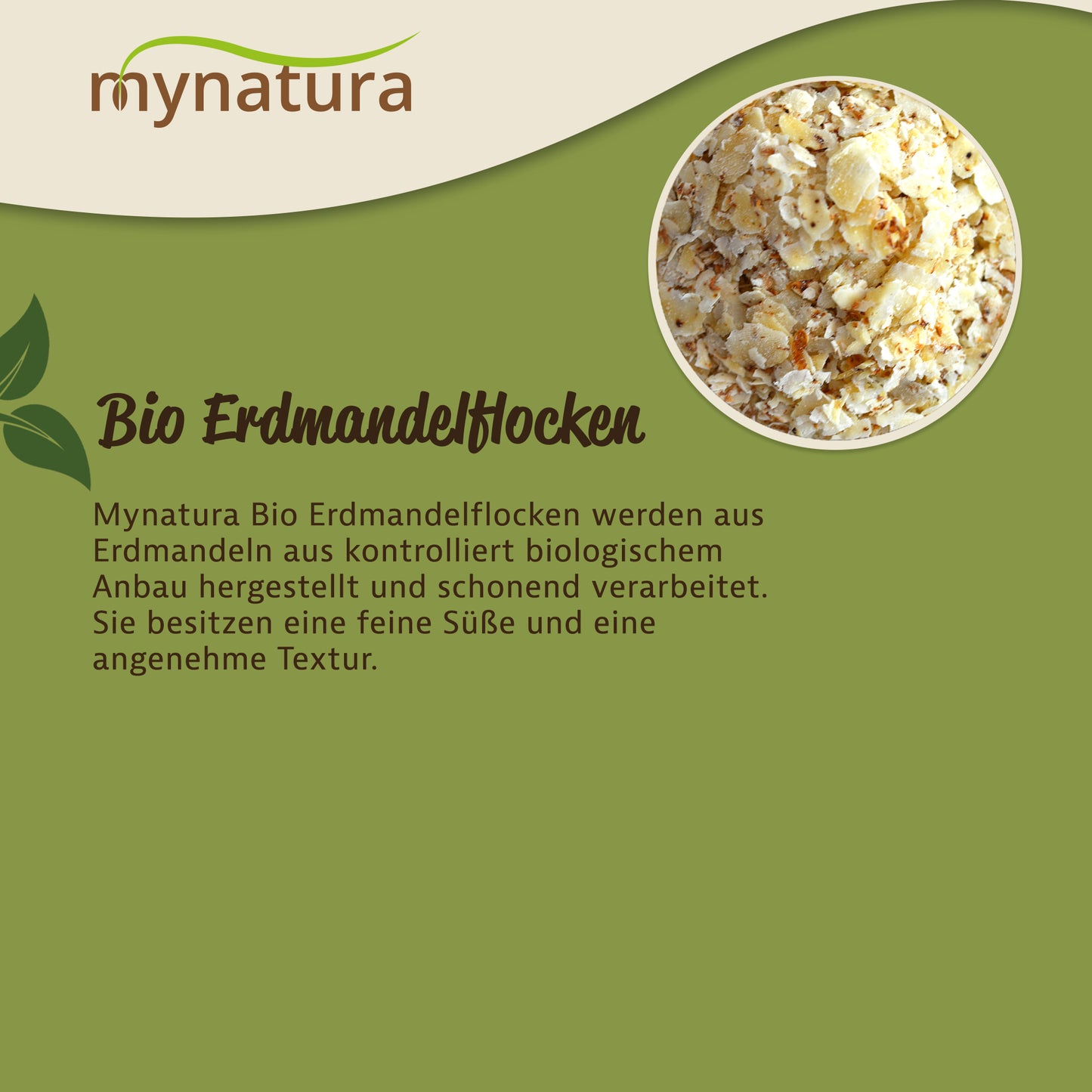 Nahaufnahme von Bio Erdmandelflocken in einer runden Schale, daneben Text zur Herstellung und Verwendung der Flocken als Zutaten fürs Müsli oder Backen.