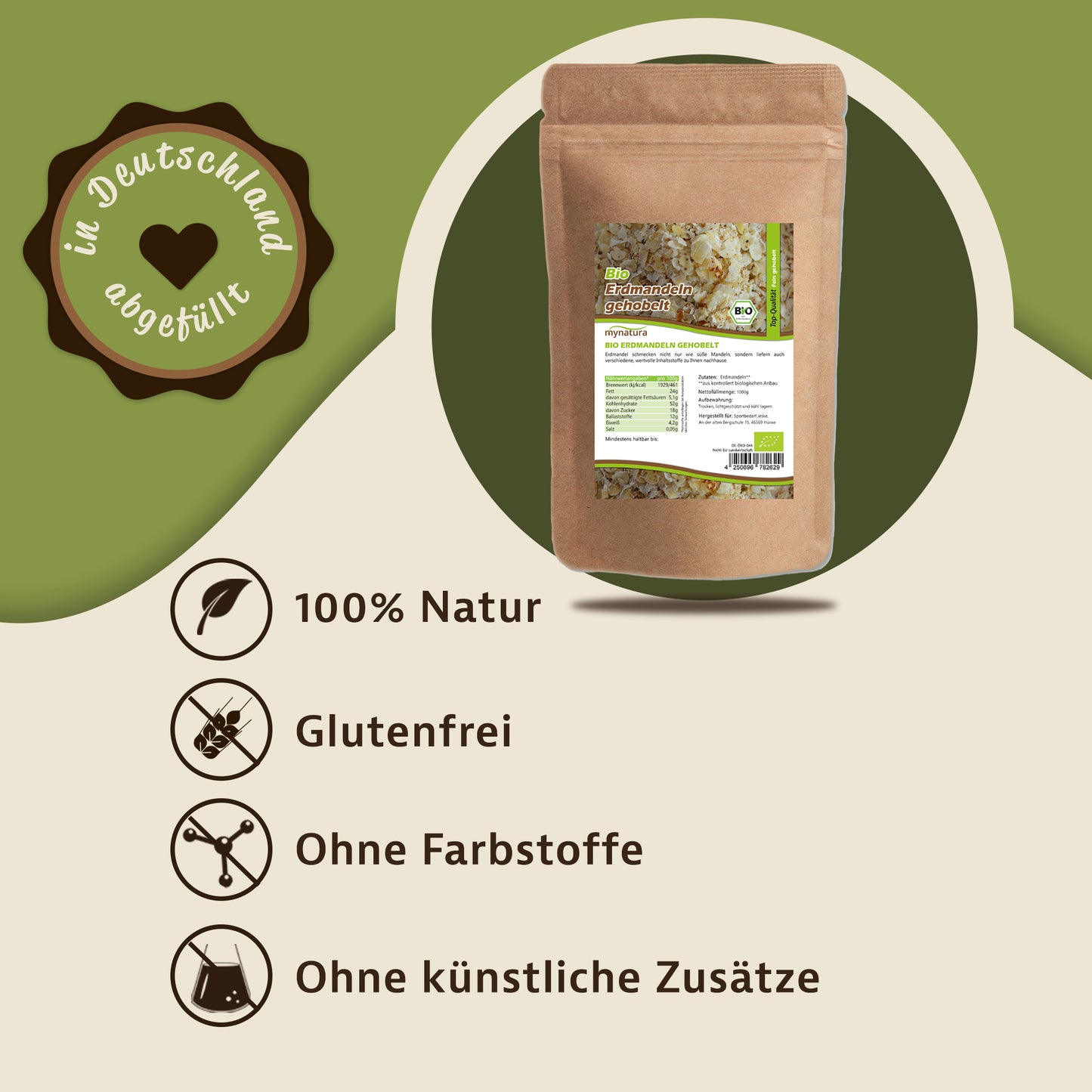 Beutel Erdmandelflocken von mynatura auf grünem Hintergrund, daneben Symbole für 100% Natur, glutenfrei, ohne Farbstoffe und ohne künstliche Zusätze, geeignet als Snacks oder fürs Kochen.
