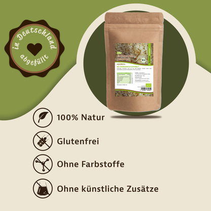 Beutel Erdmandelflocken von mynatura auf grünem Hintergrund, daneben Symbole für 100% Natur, glutenfrei, ohne Farbstoffe und ohne künstliche Zusätze, geeignet als Snacks oder fürs Kochen.