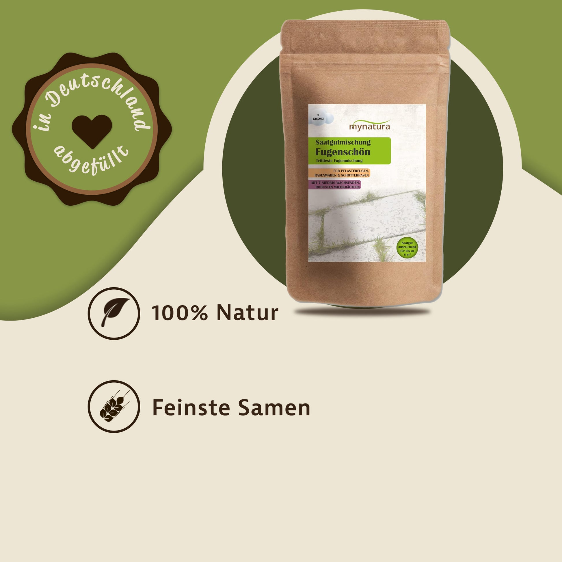 Fugenschön Saatmischung Fugen im braunen Beutel, dargestellt auf grün-beigem Hintergrund mit Hinweis auf 100% Natur und feine Blumensamen.