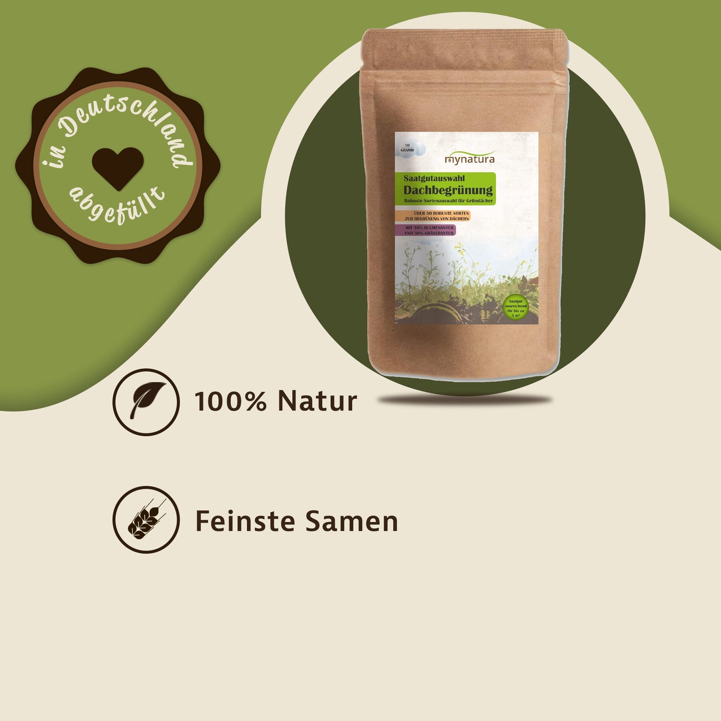 Beutel Mynatura Saatgutauswahl Dachbegrünung auf grünem Hintergrund, daneben Symbole für 100% Natur und feinste Blumensamen