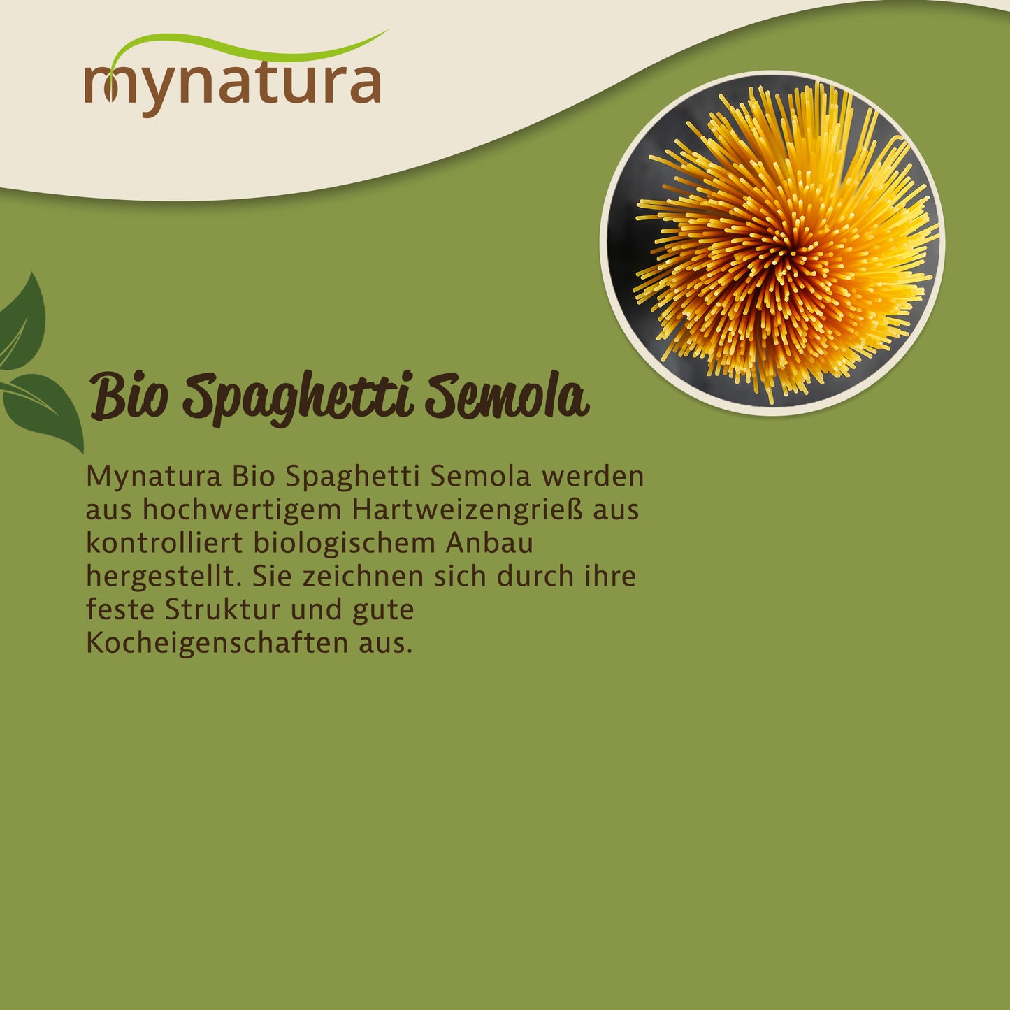 Obere Ansicht eines Bündels roher Spaghetti Semola Nudeln als Kreis, daneben Text zu Herstellung und Eigenschaften.