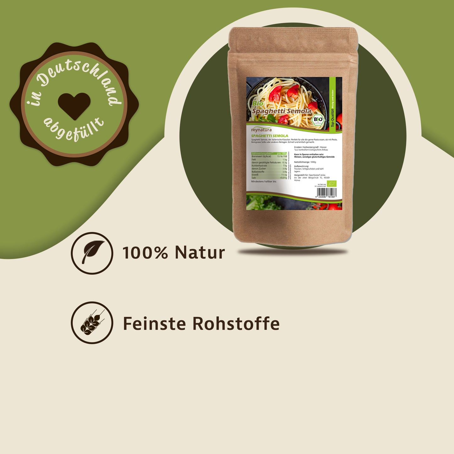 Mynatura Bio Spaghetti Semola Nudeln im braunen Beutel auf grün-beigem Hintergrund mit Siegel und Icons für 100% Natur und feine Rohstoffe.