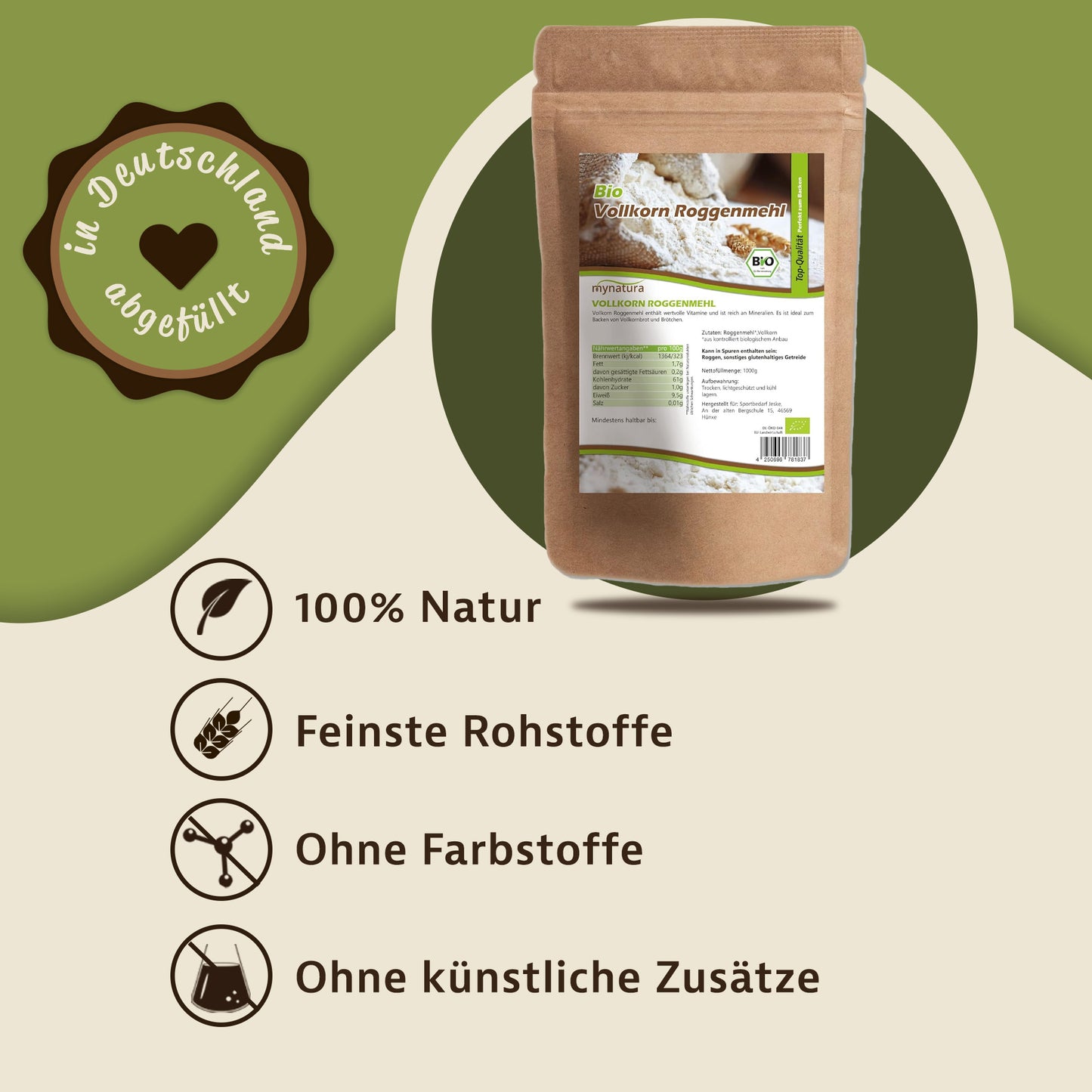 Beutel mynatura Roggenmehl auf grünem Hintergrund, daneben Symbole und Text zu naturbelassenen mehleigenschaften und ohne künstliche Zusätze.