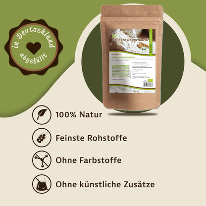 Beutel mynatura Roggenmehl auf grünem Hintergrund, daneben Symbole und Text zu naturbelassenen mehleigenschaften und ohne künstliche Zusätze.