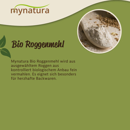 Löffel mit roggenmehl und einigen roggenkörnern auf grünem Hintergrund, daneben Text zur Herstellung von naturbelassenem roggenmehl.