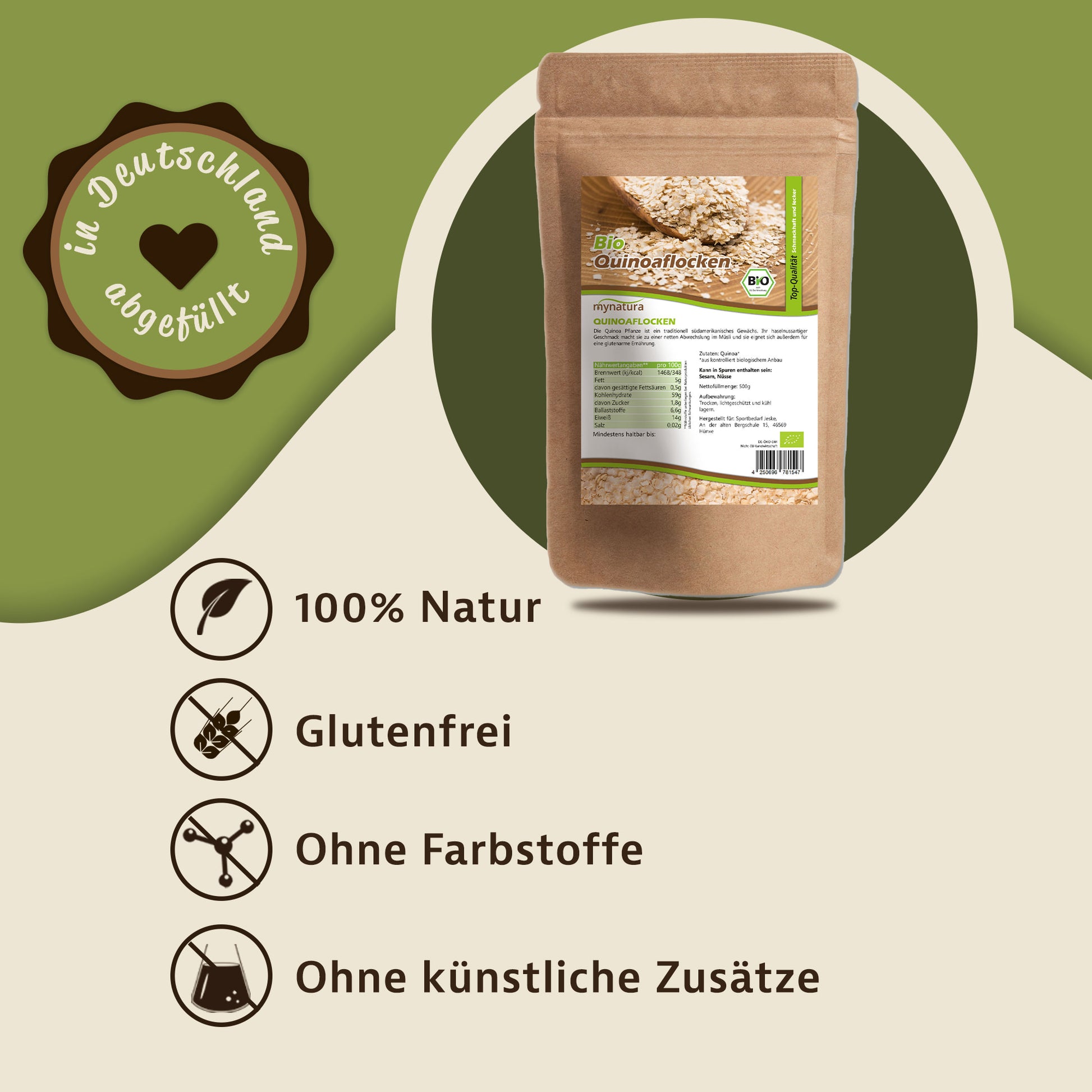 Produktabbildung von glutenfreien Quinoaflocken im Beutel, daneben Symbole für 100% Natur, ohne Farbstoffe und als vegane Zutaten fürs Kochen.